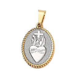 Plata Antigua & Oro Antiguo Religión 304 colgantes de acero inoxidable, Colgante ovalado con cruz del Sagrado Corazón, con 201 fianzas de acero inoxidable, revestimiento de iones (ip), plata antigua y oro antiguo, 24x16x2 mm, agujero: 7x4 mm