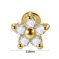 Цветок 304 серьги из прозрачного циркониевого хряща из нержавеющей стали с микропаве, золотые, цветок, 8 мм, штифты : 1.2 мм