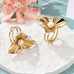 Настоящее золото 18K 304 палец кольца из нержавеющей стали, с бисером пресноводного жемчуга, лист, ионное покрытие (ip), реальный 18 k позолоченный, размер США 6 (16.5 мм)