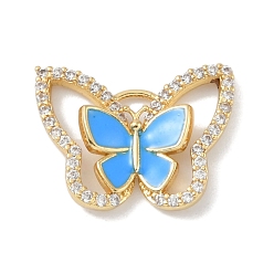 Dodger Blue Rack Plating Brass Micro Pave Clear Cubic Zirconia Pendants, with Enamel, Long-Lasting Plated, Lead Free & Cadmium Free, Real 18K Gold Plated, Butterfky, Dodger Blue, 15x19.5x3mm, Hole: 1.4mm