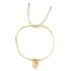 Beige Pulseras ajustables de playa con dije de hoja hueca de acero inoxidable y cordón trenzado de nailon, dorado, crema, 11.02 pulgada (28 cm)