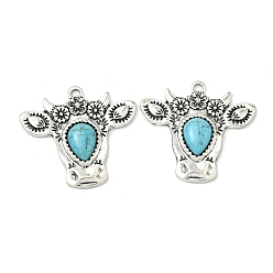 Античное Серебро Богемные синтетические бирюзовые подвески в виде коров, подвески из сплава драгоценных камней в тибетском стиле, античное серебро, 37.5x40.5x5.5 мм, отверстие : 3x2.5 мм