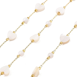 Настоящее золото 18K 5 ионное покрытие (ip) 304 цепи из скрепок из нержавеющей стали, пайки, с катушкой, с стеклянные бусы, сердце, реальный 18 k позолоченный, 6x6.5x3 мм, около 16.40 футов (5 м) / рулон