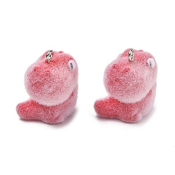 Dinosaur Флокированные подвески из непрозрачной смолы, с платиновыми тоновыми железными петлями, очарование животных, ярко-розовый, динозавр, 23.5x14x17.5 мм, отверстие : 2 мм