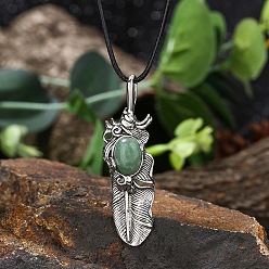 Green Aventurine Natural Green Aventurine Alloy Feather Pendant Black PU Leather Cord Necklaces, Antique Silver, 17.72 inch(45cm)