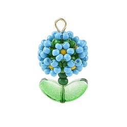 Bleu Ciel Foncé Pendentifs en perles de verre, charme de fleur, avec des broches à tête plate en acier inoxydable et du verre, bleu profond du ciel, 304mm, Trou: 24.5x14x14mm