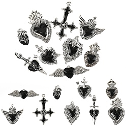 Черный 9 шт 9 стили подвески из сплава, с эмалью, античное серебро, крест и сердечко-оберег, чёрные, 18~53.5x15.5~54x2~5 мм, отверстие : 1.5~2.5 мм, 1 шт / стиль