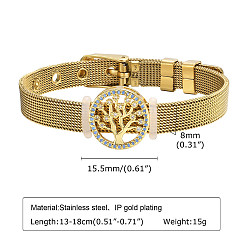 Tree of Life Glass Link Bracelet, with Golden Stainless Steel Mesh Chains, Tree of Life, 5-1/8~7-1/8 inch(13~18cm)