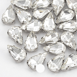 Прозрачный Шить на горный хрусталь, многожильных ссылки, стекло горный хрусталь, с настройками латуни, аксессуары для одежды, граненые, слеза, платина, прозрачные, 8x5.5x4 мм, отверстие : 0.8~1 мм