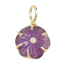 Аметист Резные подвески из натурального аметиста, подвески-цветы с латунными подвесками-паве из прозрачных кубических цирконий, золотые, стойки покрытие, 18.5x16.5x7 мм, отверстие : 6x4 мм