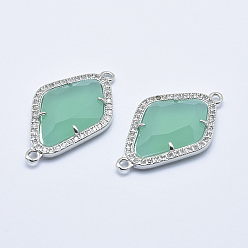 Pale Turquoise Brass Micro Pave Cubic Zirconia Links, with Glass, Faceted, Rhombus, Platinum, Pale Turquoise, 33x20x5mm, Hole: 1.6mm