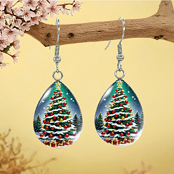 Темно-бирюзовый Серьги-подвески из сплава и стекла, платина, каплевидный узор с рождественской елкой, темные бирюзовый, 45x18 мм