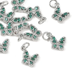 Green SHEGRACE Brass Micro Pave Cubic Zirconia Charms, Butterfly Charms, Cadmium Free & Lead Free & Nickel Free, Long-Lasting Plated, Platinum, Green, 11x12x3mm, Hole: 3mm