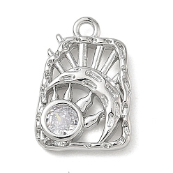 Platinum Brass Pave Clear Cubic Zirconia Pendants, Rectangle with Sun Charms, Platinum, 17x12x3mm, Hole: 1.6mm