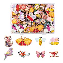 Mixed Color 128Pcs 8 Style 2-Hole Wooden Buttons, Parrot & Bird & Butterfly & Dragonfly & Cat, Mixed Color, 18~35x20~45x2.5~4mm, Hole: 1.4~1.8mm, 16pcs/style
