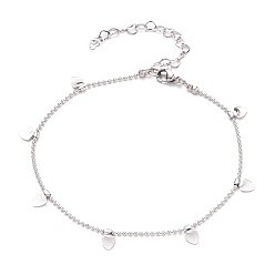 Stainless Steel Color Tarnish Resistant 304 Stainless Steel Heart Charm Anklets, with Ball Chains and Lobster Claw Clasps, Stainless Steel Color, 9 inch(22.9cm)