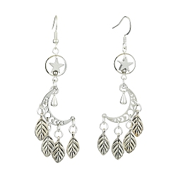 Antique Silver & Stainless Steel Color 304 Stainless Steel & Tibetan Style Alloy Dangle Earrings, Moon, Antique Silver & Stainless Steel Color, 81x23mm