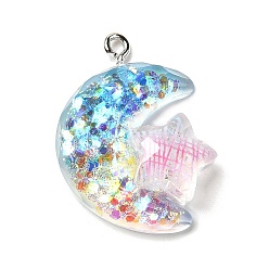 Луна Прозрачные смоляные подвески, с платиновой железной фурнитурой и пайетками, Луна и звезды, 28x20x7 мм, отверстие : 1.8 мм