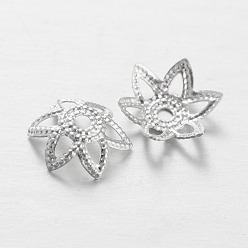 Серебро Латунь цветок шарик крышки, причудливые шапочки для бус, 6-лепесток, серебряный цвет гальваническим, 7x2 мм, отверстие : 1 мм