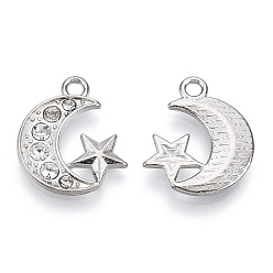 Platinum Alloy Pendants, with Crystal Rhinestone, Cadmium Free & Lead Free, Moon Charms with Star, Platinum, 19.5x16.5x2mm, Hole: 2mm