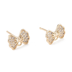 Real 14K Gold Plated Brass Micro Pave Clear Cubic Zirconia Stud Earring Findings, Nickel Free, with 925 Sterling Silver Pin, with Loop, Bowknot, Real 14K Gold Plated, 7x10mm, Hole: 1.2mm, Pin: 0.7mm