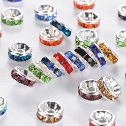 Mixed Color Brass Grade A Rhinestone Spacer Beads, Silver Color Plated, Nickel Free, Mixed Color, 6x3mm, Hole: 1mm