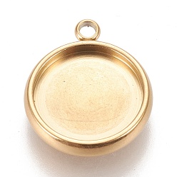 Golden Ion Plating(IP) 304 Stainless Steel Pendant Cabochon Settings, Lace Edge Bezel Cups, Flat Round, Golden, Tray: 12mm, 17x14.5x3mm, Hole: 1.8mm