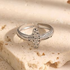 Stainless Steel Color 304 Stainless Steel Open Cuff Rings, Cross, Stainless Steel Color, Inner Diameter: 17.4mm