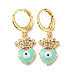 Cyan Golden Brass Dangle Leverback Earrings, with Enamel and Cubic Zirconia, Heart with Evil Eye, Cyan, 30x11mm