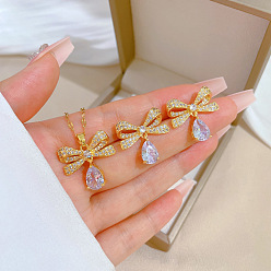 Bowknot Латунное ожерелье с подвеской из микрофибры и серьги-гвоздики, колье-цепочка из нержавеющей стали, золотые, бантом, 400 мм