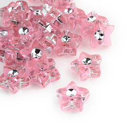 Pink Plating Transparent Acrylic Beads, Silver Metal Enlaced, Star, Pink, 9x8.5x4mm, Hole: 1mm, about 3000pcs/500g