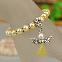 Champagne Yellow Lovely Wedding Dress Angel Bracelets for Kids, Carnival Stretch Bracelets, with Glass Pearl Beads and Tibetan Style Beads, Champagne Yellow, 45mm