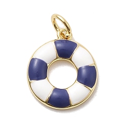 Slate Blue Brass Enamel Pendants, Swimming Ring, Rack Plating, Long-Lasting Plated, Cadmium Free & Lead Free, Real 18K Gold Plated, with Jump Ring, Slate Blue, 15x13x2mm, Hole: 3mm