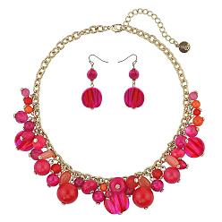 Светло-Вишневый Комплекты из ожерелий с подвесками и серег-гвоздиков из сплава, стекла и пластика, золотые, светло-вишневый, 17.32 дюйм (44 см)