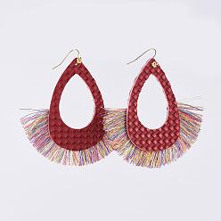 Red PU Leather Dangle Earrings, with Nylon Tassel and Brass Earring Hooks, Teardrop, Golden, Red, 83mm, Pin: 0.7mm