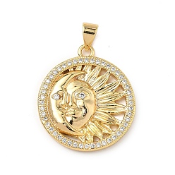 Настоящее золото 18K Латунные микро проложить кубического циркония подвески, плоские круглые с солнцем, без кадмия и без свинца, долговечный, стойки покрытие, реальный 18 k позолоченный, 24.5x21.5x2.5 мм, отверстие : 4x3.5 мм