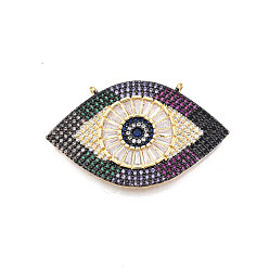 Golden Brass Micro Pave Cubic Zirconia Links, Nickel Free, Evil Eye, Golden, 26x42.5x3mm, Hole: 1.2mm