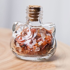Carnelian Cat Glass Wishing Bottle Display Decorations , with Natural Carnelian Chips Inside for Home Office Desk, 38x35mm