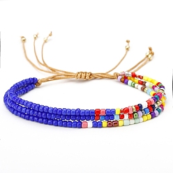 Синий Плетеные браслеты из стеклянных бусин, трехслойный браслет из нескольких нитей, синие, 6-1/4~10-1/4 дюйм (16~26 см)