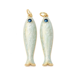 Зеленый Латунные подвески, рыба, с эмалью, реальный 18 k позолоченный, без кадмия и без свинца, стойки покрытие, долговечный, с целью перехода в кольце, зелёные, 34x8x4.5 мм, отверстие : 3.2 мм