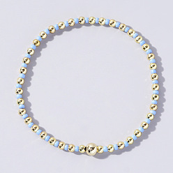 Светло-Голубой Женские браслеты из круглых бусин в корейском стиле из стекла и латуни, Небесно-голубой, внутренний диаметр: 6-1/2 дюйм (16.5 см)