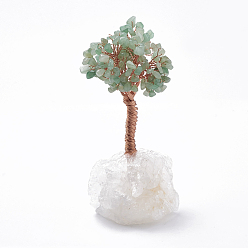 Quartz Crystal Natural Green Aventurine Chips and Quartz Crystal Pedestal Display Decorations, Healing Stone Tree, for Reiki Healing Crystals Chakra Balancing, Home Decorations, with Rose Gold Tone Aluminum Wires, Lucky Tree, 120~155x60~80x47~61mm
