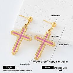 Golden 304 Stainless Steel Enamel Stud Dangle Earrings for Women, Cross, Golden, 43mm