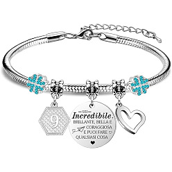 Нержавеющая Сталь Цвет День рождения 201 браслеты с подвесками из нержавеющей стали, браслеты из змеиной цепи для женщин, шестиугольник, сердце и овал, цвет нержавеющей стали, 3 дюйм (7.5 см)