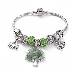 Green Aventurine European Bracelets, with Brass Snake Chains, Polymer Clay Rhinestone European Beads, Natural Green Aventurine Chips, Alloy European Beads & Pendants, Tree of Life & Elephant, with Cardboard Box, 189mm