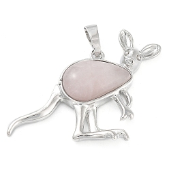 Розовый Кварц Природного розового кварца подвески, с латунной фурнитурой платинового цвета, кенгуру, 34x48x6.5~7 мм, отверстие : 5.5x7 мм