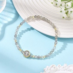 Labradorite Religion Natural Labradorite Beaded Stretch Bracelets with Brass Flat Round with Cross Beads, Inner Diameter: 2.30 inch(5.85cm)