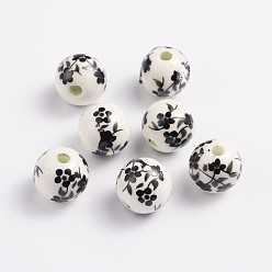 Black Handmade Printed Porcelain Beads, Round, Black, 12mm, Hole: 2mm