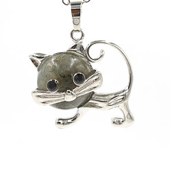 Labradorite Natural Labradorite Pendants, with Platinum Plated Brass Findings, Cat Shape Charms, 35x29x10mm