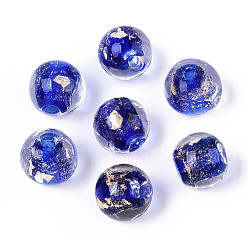 Синий Ручной работы золотые и серебряные шарики фольги стекла, круглые, синие, 10~11 мм, отверстие : 1~1.4 мм